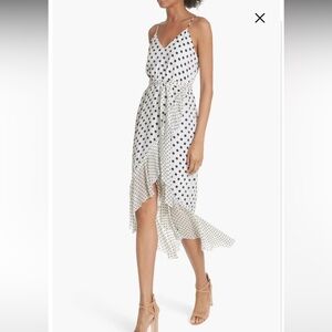 ALICE + OLIVIA MABLE POLKA DOT FAUX-WRAP DRESS IN SOFT WHITE MONO DOT